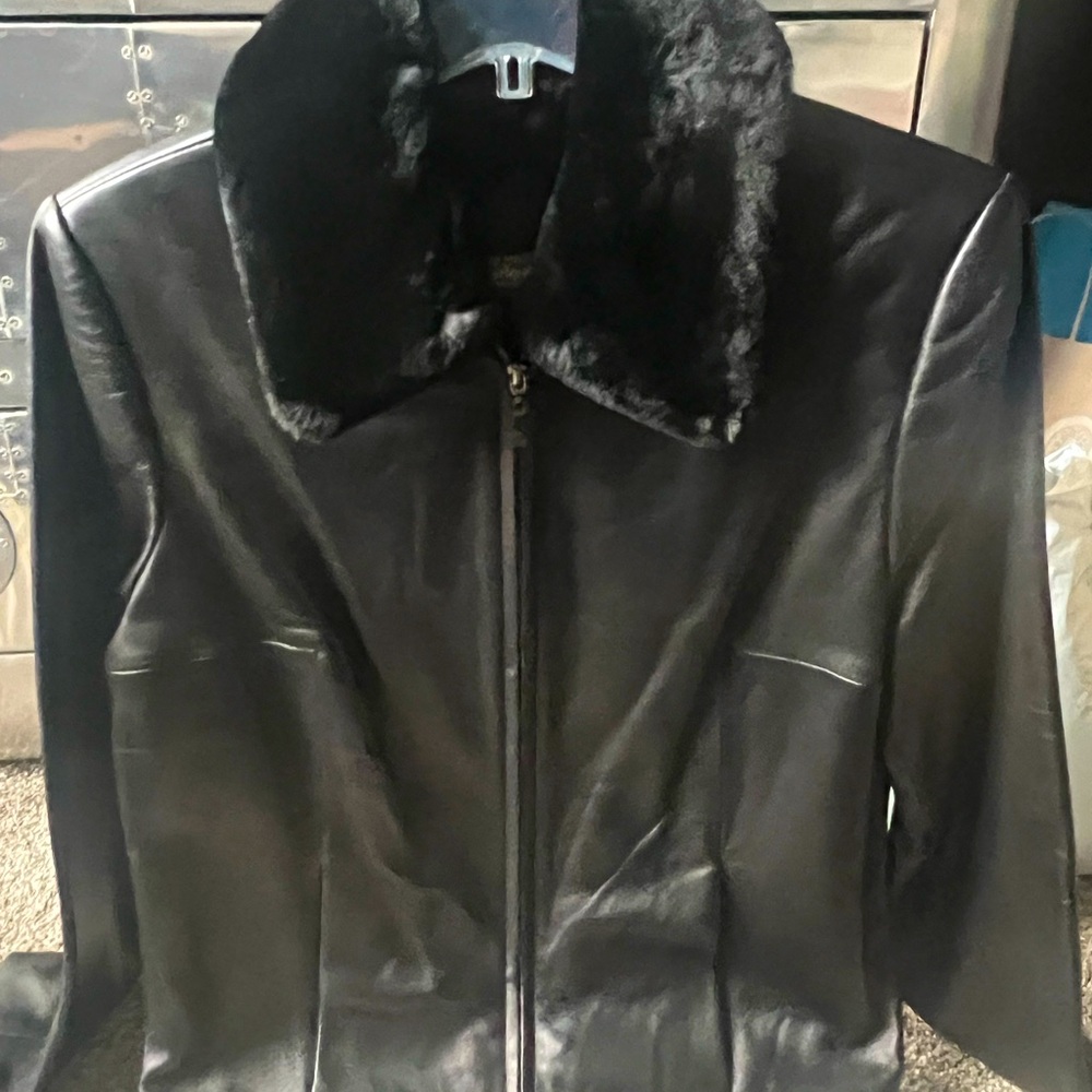 Women's Black Leather Jacket with Faux Fur Collar
